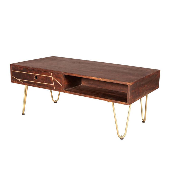 Industrial-Vintage-Rectangular-Solid-Dark-Wood-Walnut-Coffee-Table-With-Gold-Inlays-_-Drawers-Gold-Metal-Legs-110cm