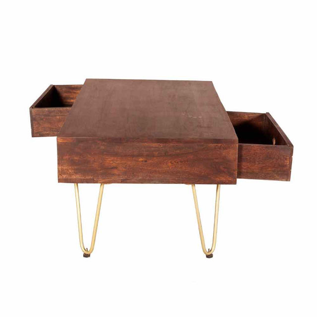 Industrial-Vintage-Rectangular-Solid-Dark-Wood-Walnut-Coffee-Table-With-Gold-Inlays-_-Drawers-Gold-Metal-Legs-110cm