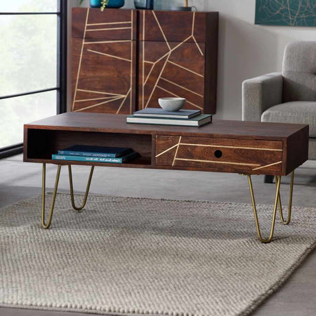 Industrial-Vintage-Rectangular-Solid-Dark-Wood-Walnut-Coffee-Table-With-Gold-Inlays-_-Drawers-Gold-Metal-Legs-110cm