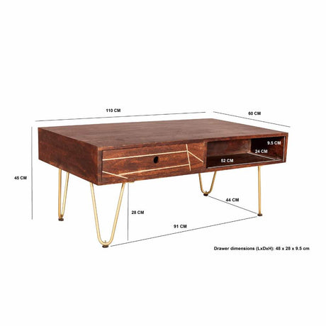 Industrial-Vintage-Rectangular-Solid-Dark-Wood-Walnut-Coffee-Table-With-Gold-Inlays-_-Drawers-Gold-Metal-Legs-110cm