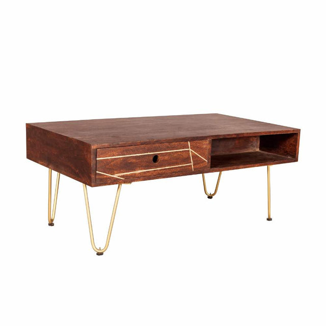 Industrial-Vintage-Rectangular-Solid-Dark-Wood-Walnut-Coffee-Table-With-Gold-Inlays-_-Drawers-Gold-Metal-Legs-110cm