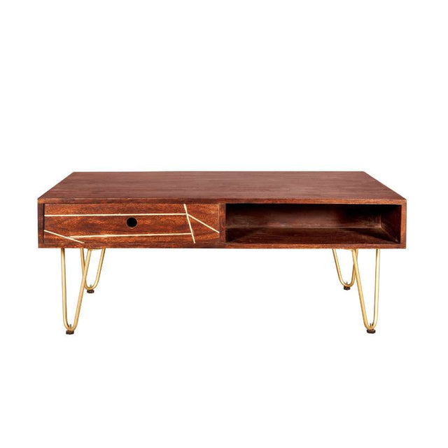 Industrial-Vintage-Rectangular-Solid-Dark-Wood-Walnut-Coffee-Table-With-Gold-Inlays-_-Drawers-Gold-Metal-Legs-110cm