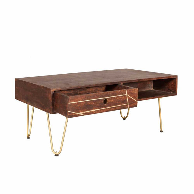 Industrial-Vintage-Rectangular-Solid-Dark-Wood-Walnut-Coffee-Table-With-Gold-Inlays-_-Drawers-Gold-Metal-Legs-110cm