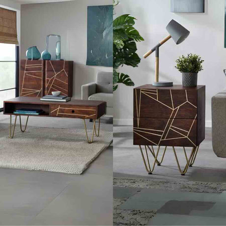 Industrial-Vintage-Solid-Dark-Wood-Walnut-Matching-Coffee-Table-_-Side-Table-Set-With-Gold-Inlays