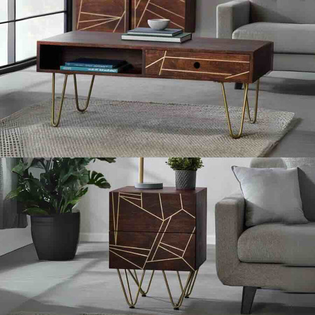 Industrial-Vintage-Solid-Dark-Wood-Walnut-Matching-Coffee-Table-_-Side-Table-Set-With-Gold-Inlays