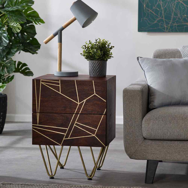 Industrial-Vintage-Solid-Dark-Wood-Walnut-Side-Table-With-Gold-Inlays-_-Storage-Gold-Metal-Legs