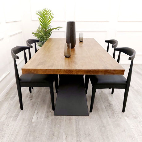 Industrial-black-leather-dining-chairs-wooden-legs