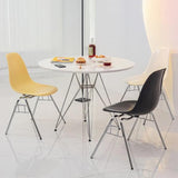 Industrial-round-dining-table-with-Chrome-steel-legs-and-white-high-gloss-tabletop