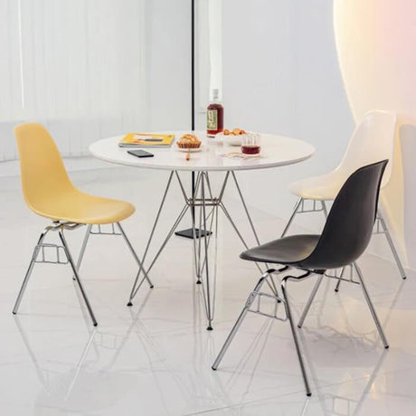 Industrial-round-dining-table-with-Chrome-steel-legs-and-white-high-gloss-tabletop