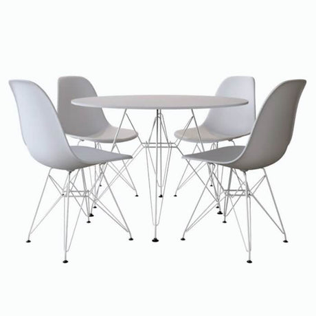 Industrial-round-dining-table-with-Chrome-steel-legs-and-white-high-gloss-tabletop