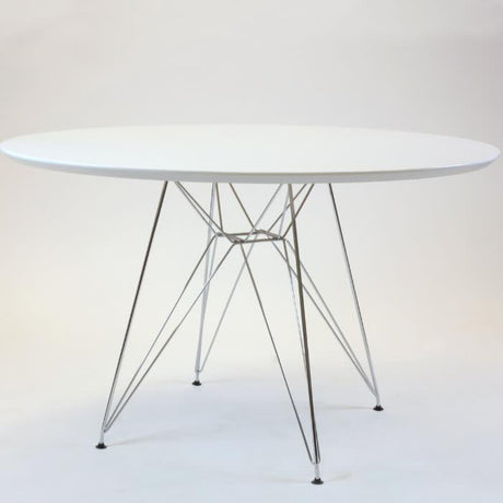 Industrial-round-dining-table-with-Chrome-steel-legs-and-white-high-gloss-tabletop