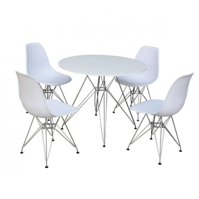 Industrial-round-dining-table-with-Chrome-steel-legs-and-white-high-gloss-tabletop