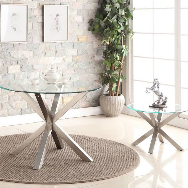 Industrial-round-tempered-glass-dining-table-with-chrome-stainless-steel-base-110cm