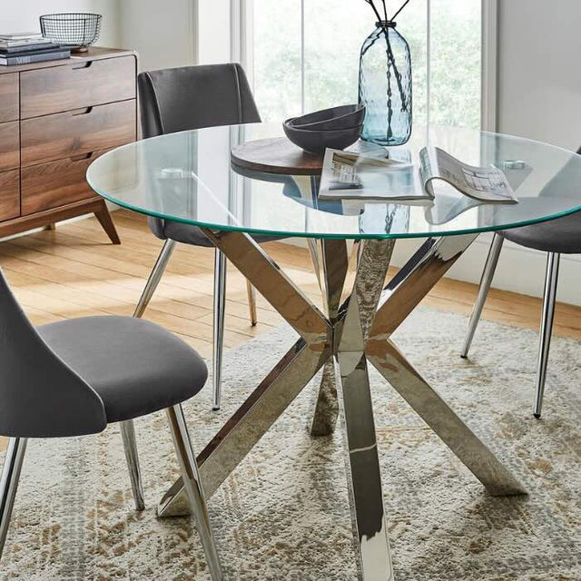 Industrial-round-tempered-glass-dining-table-with-chrome-stainless-steel-base-110cm