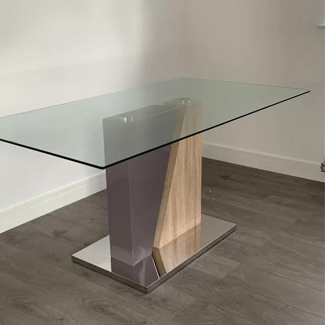 Industrial-tempered-glass-dining-table-with-rectangular-glass-top-and-solid-wood-and-metal-base-160cm