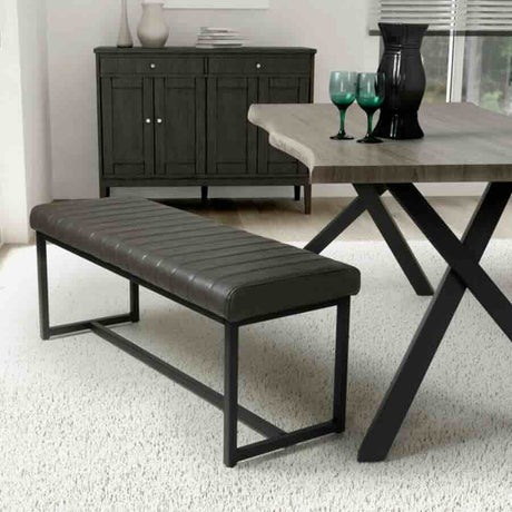 Industrial Grey Leather Dining Bench Black Metal Base