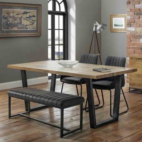 Industrial Grey Leather Dining Bench Black Metal Base