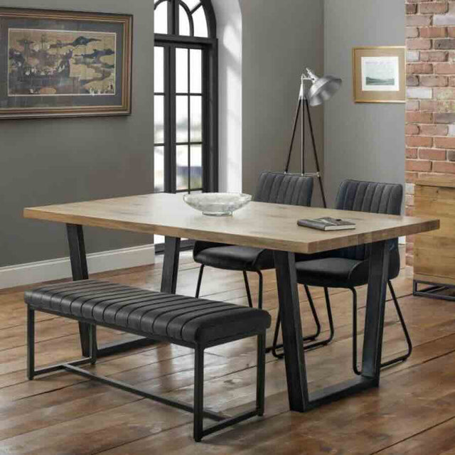 Industrial Grey Leather Dining Bench Black Metal Base