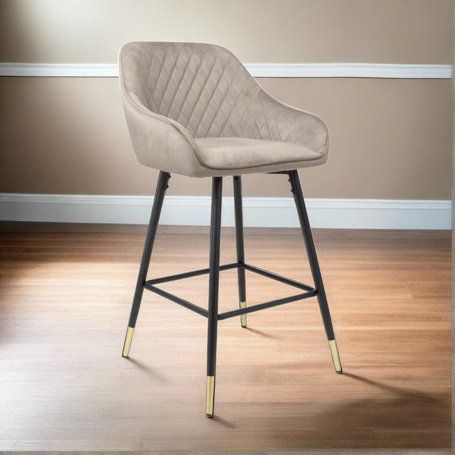 Light-Grey-Modern-Velvet-Bar-Stool-Diamond-Stitching-Black-Legs-With-Gold-Tips-Set-of-2