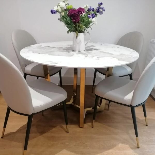 Richmond 4 Seater 120cm White Round Marble Dining Table With Gold Base