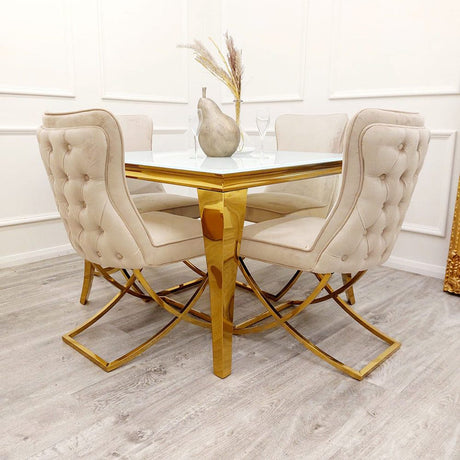 Luxury-square-white-glass-gold-dining-table-100cm-and-modern-open-back-velvet-dining-chairs-dining-table-set-for-4