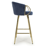 Ashton Luxury Blue Textured Fabric Bar Stool With Gold Base