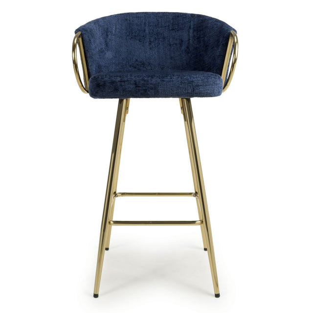 Ashton Luxury Blue Textured Fabric Bar Stool With Gold Base