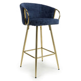 Ashton Luxury Blue Textured Fabric Bar Stool With Gold Base