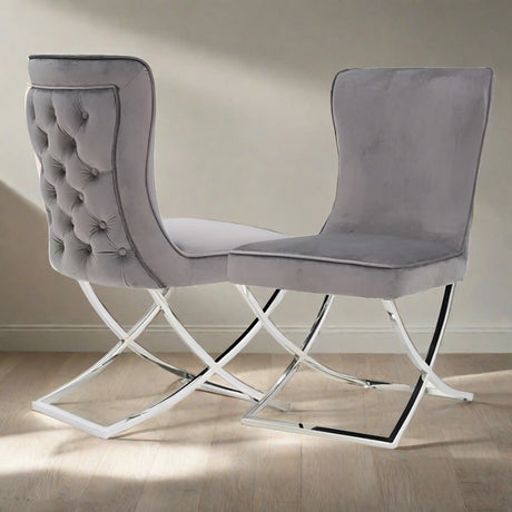 Luxury-Grey-Velvet-Deep-Buttoned-Back-Dining-Chair-With-Stainless-Steel-Cross-Over-Base-Set-of-2