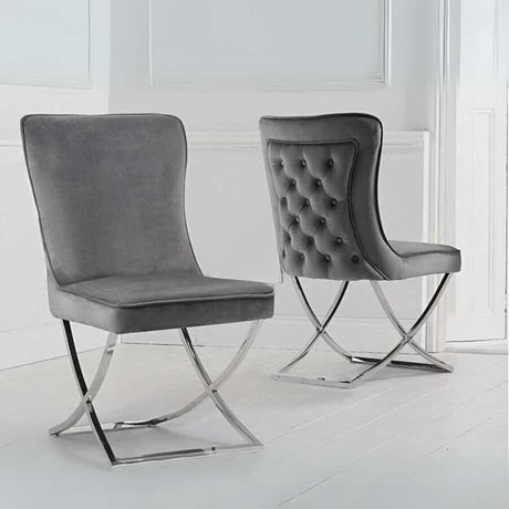 Luxury-Grey-Velvet-Deep-Buttoned-Back-Dining-Chair-With-Stainless-Steel-Cross-Over-Base-Set-of-2