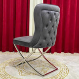 Luxury-Grey-Velvet-Deep-Buttoned-Back-Dining-Chair-With-Stainless-Steel-Cross-Over-Base-Set-of-2