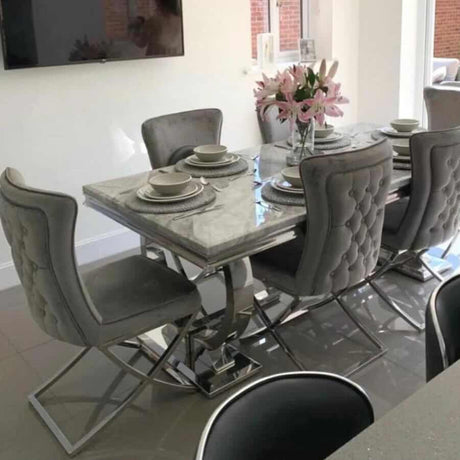 Luxury-Grey-Velvet-Deep-Buttoned-Back-Dining-Chair-With-Stainless-Steel-Cross-Over-Base-Set-of-2