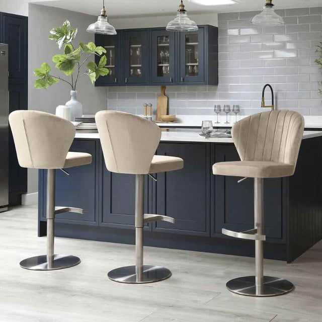 Oban Luxury Velvet Adjustable Bar Stool With Back And Stainless Steel Base