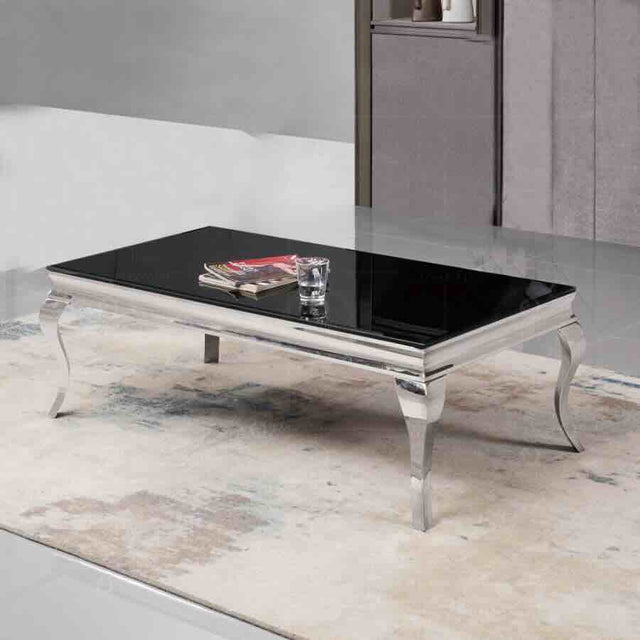 Modern Glass Dining Table And Matching Coffee Table Set Rectangular Tempered Glass Top Stainless Steel Curved Legs