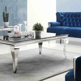 Modern Glass Dining Table And Matching Coffee Table Set Rectangular Tempered Glass Top Stainless Steel Curved Legs