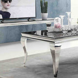 Modern Glass Dining Table And Matching Coffee Table Set Rectangular Tempered Glass Top Stainless Steel Curved Legs