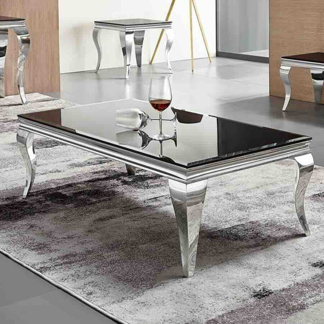 Modern Glass Dining Table And Matching Coffee Table Set Rectangular Tempered Glass Top Stainless Steel Curved Legs