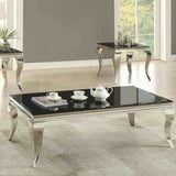 Modern Glass Dining Table And Matching Coffee Table Set Rectangular Tempered Glass Top Stainless Steel Curved Legs