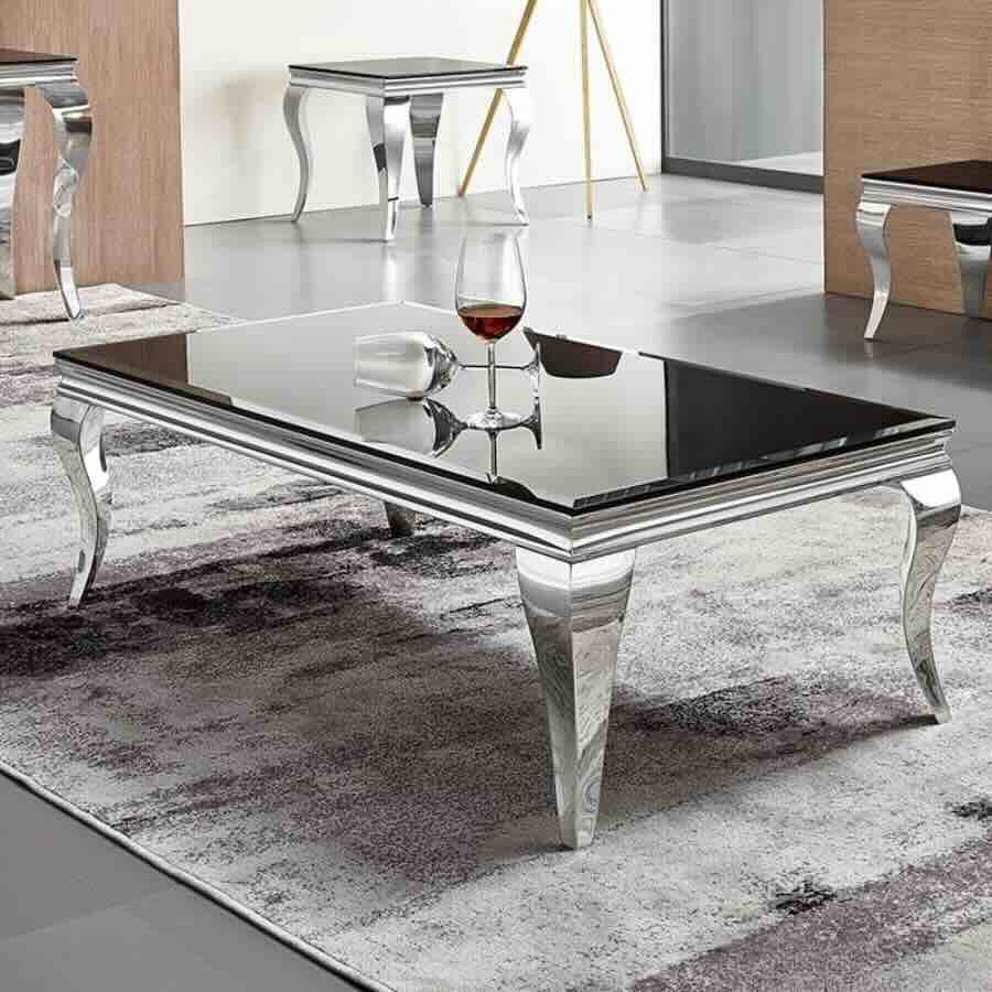 Baku Luxury Rectangular Black Glass Coffee Table With Curved Stainless Steel Legs 110cm Black Glass