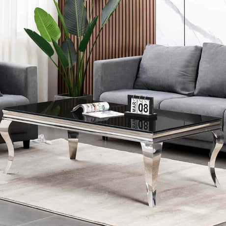 Luxury-Rectangular-Black-Glass-Coffee-Table-With-Curved-Stainless-Steel-Legs-110cm