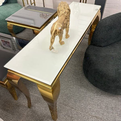 Luxury-Rectangular-White-Glass-Console-Table-with-gold-frame-140cm