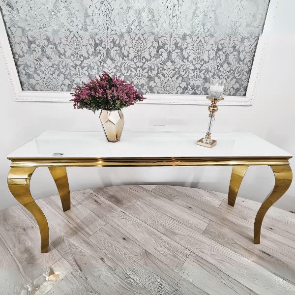 Luxury-Rectangular-White-Glass-Console-Table-with-gold-frame-140cm