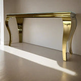 Luxury-Rectangular-White-Glass-Console-Table-with-gold-frame-140cm