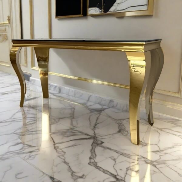 Luxury-Rectangular-black-Glass-Console-Table-with-gold-frame-140cm