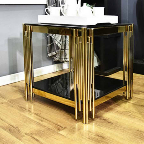 Luxury-Square-Black-Glass-Side-Table-With-Unique-Gold-Base-50cm