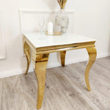 Luxury-Square-White-Glass-side-Table-Gold-Curved-Legs-60cm