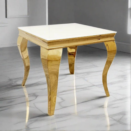 Luxury-Square-White-Glass-side-Table-Gold-Curved-Legs-60cm