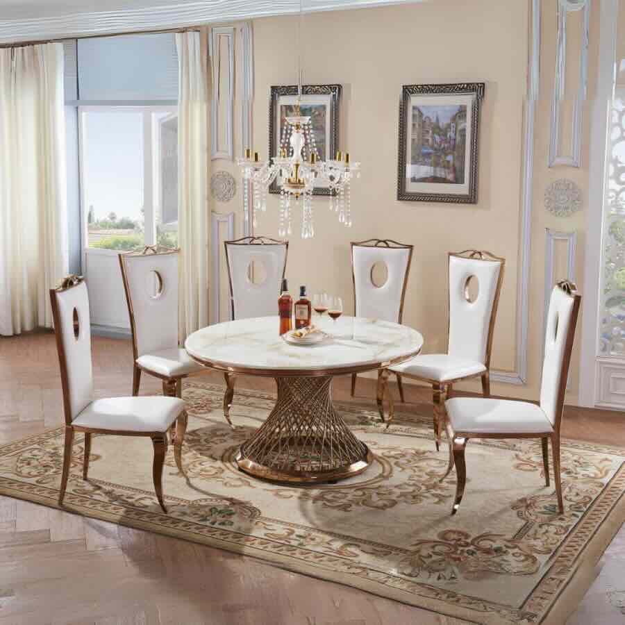 Royal Style White PU Leather Dining Chair Rose Gold Stainless Steel Frame Clickabode
