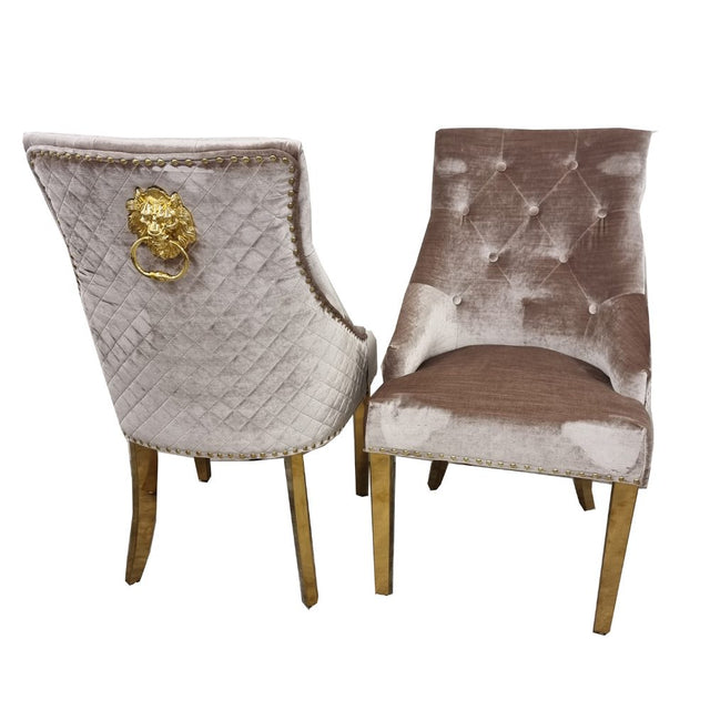 Luxury-beige-velvet-lion-knocker-dining-chairs-gold-legs