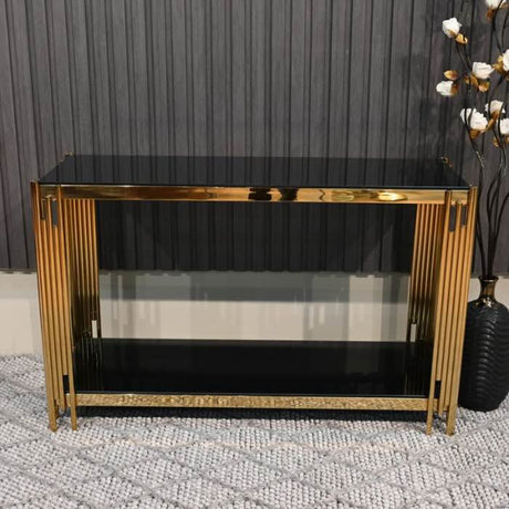 Luxury-black-tempered-glass-hallway-console-table-with-gold-stainless-steel-base